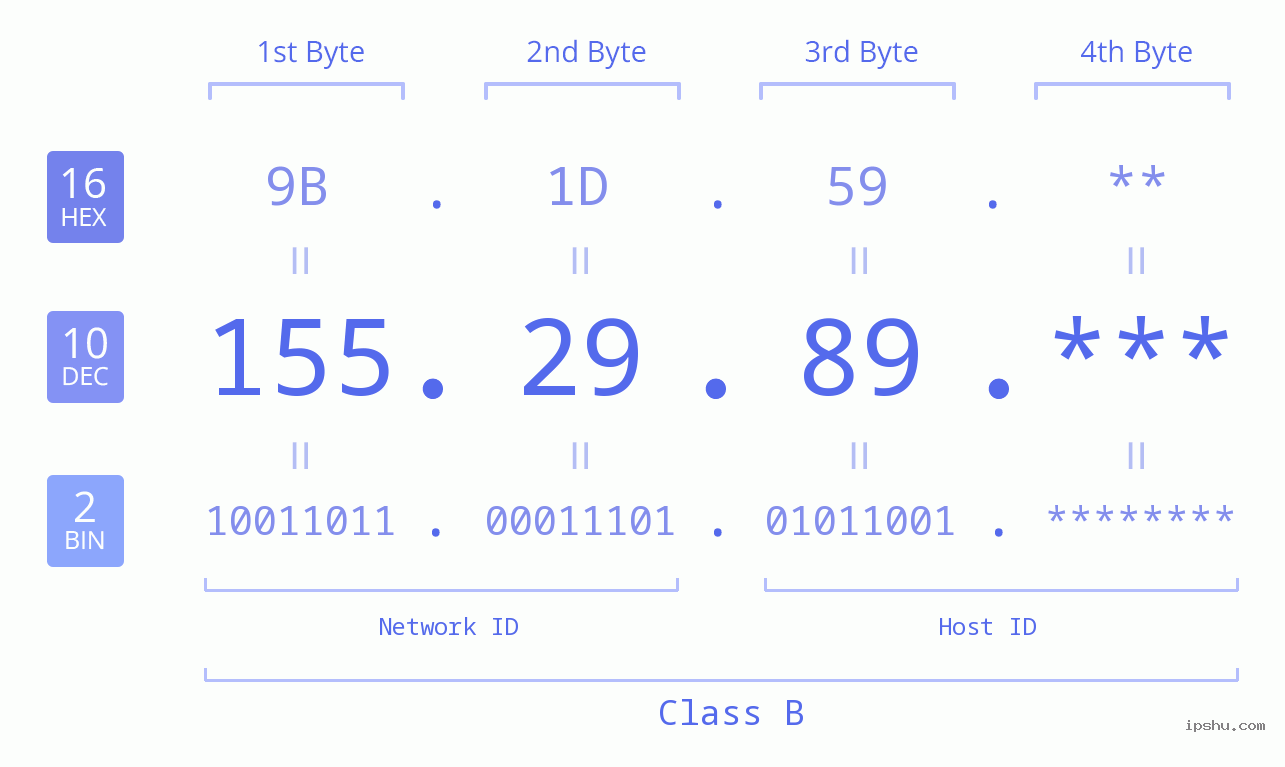 IP Address: 155.29.89 Data Structure Chart BIN DEC HEX IPv4: 155.29.89 Network Class, Net ID, Host ID