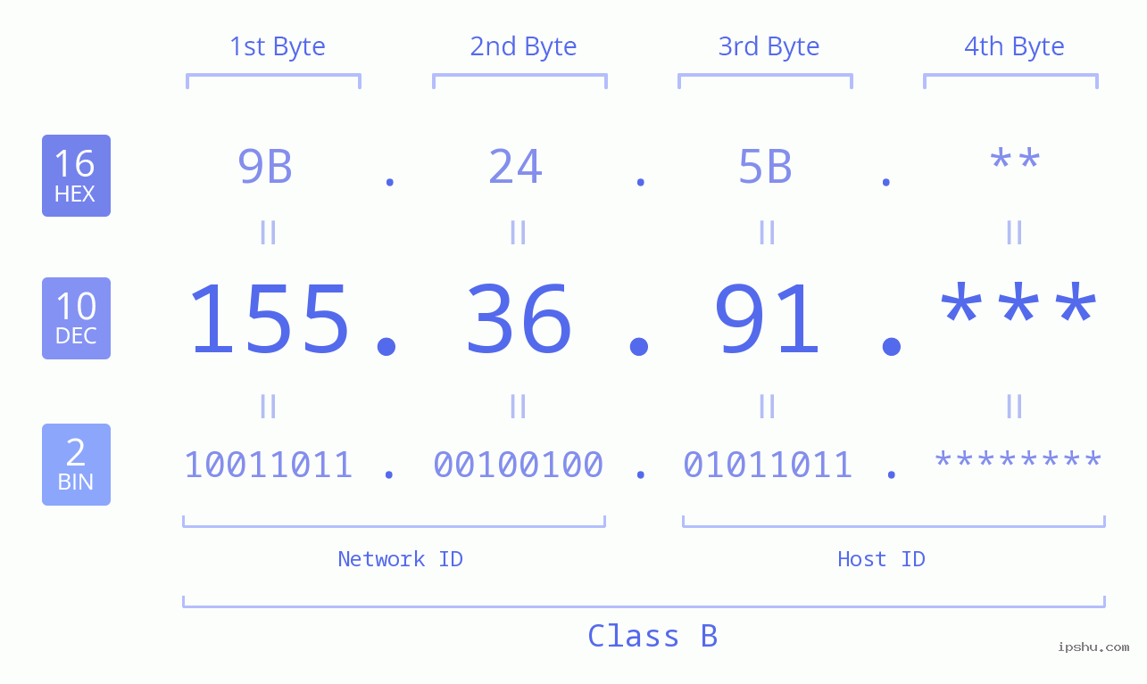 IP Address: 155.36.91 Data Structure Chart BIN DEC HEX IPv4: 155.36.91 Network Class, Net ID, Host ID