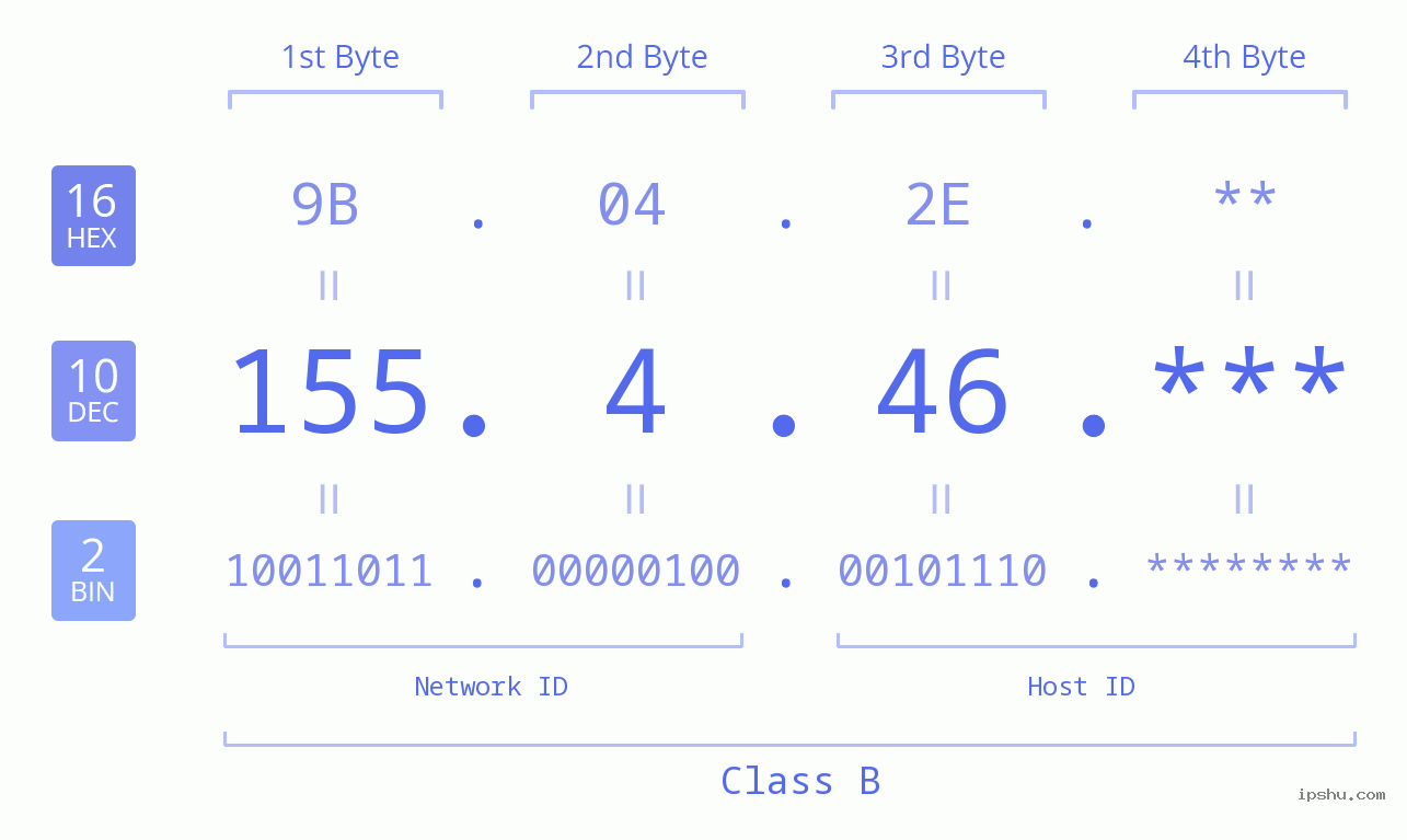 IP Address: 155.4.46 Data Structure Chart BIN DEC HEX IPv4: 155.4.46 Network Class, Net ID, Host ID