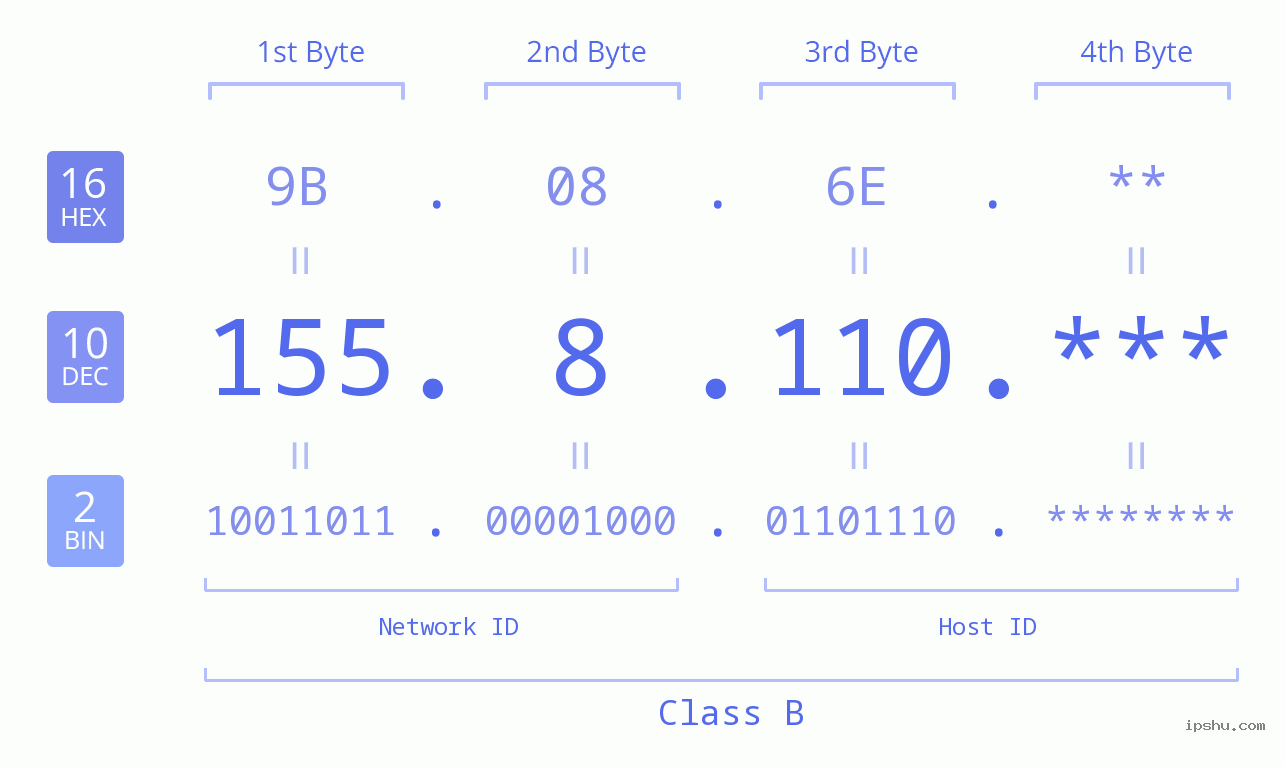 IP Address: 155.8.110 Data Structure Chart BIN DEC HEX IPv4: 155.8.110 Network Class, Net ID, Host ID