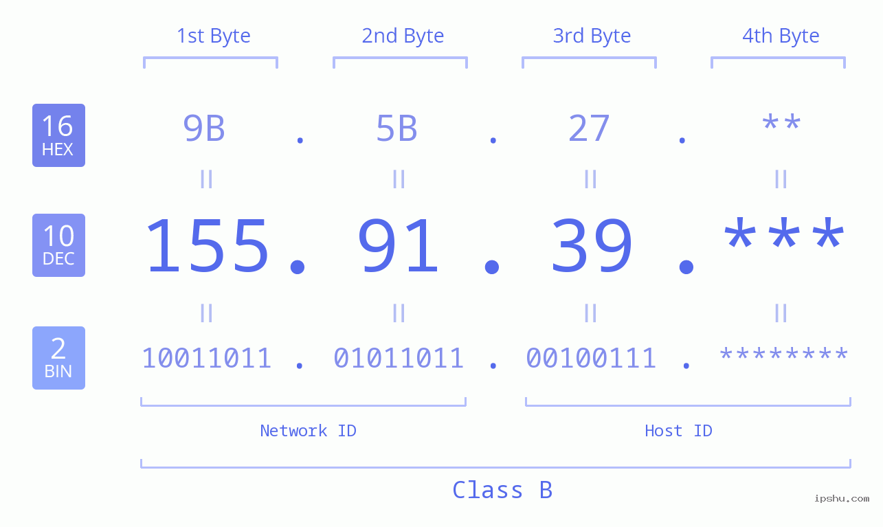 IP Address: 155.91.39 Data Structure Chart BIN DEC HEX IPv4: 155.91.39 Network Class, Net ID, Host ID