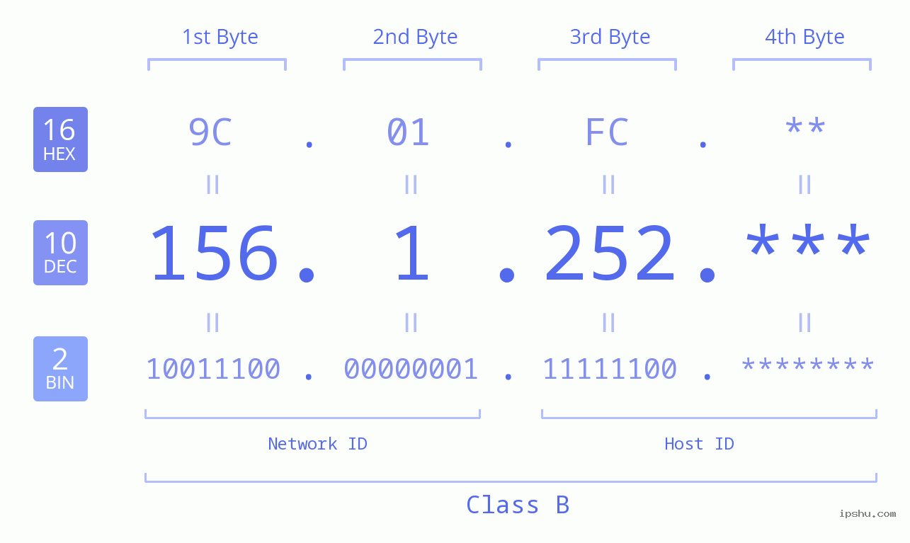 IP Address: 156.1.252 Data Structure Chart BIN DEC HEX IPv4: 156.1.252 Network Class, Net ID, Host ID