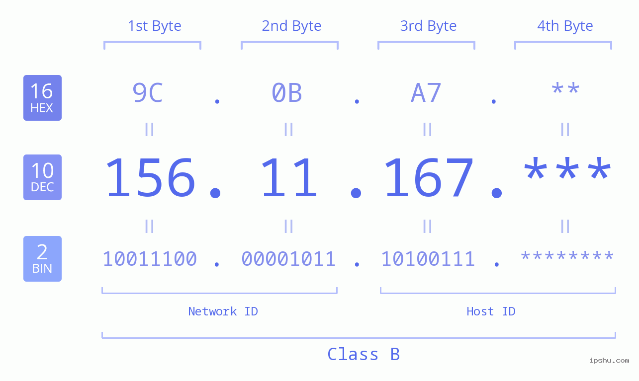 IP Address: 156.11.167 Data Structure Chart BIN DEC HEX IPv4: 156.11.167 Network Class, Net ID, Host ID