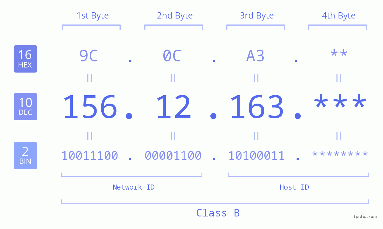 IP Address: 156.12.163 Data Structure Chart BIN DEC HEX IPv4: 156.12.163 Network Class, Net ID, Host ID