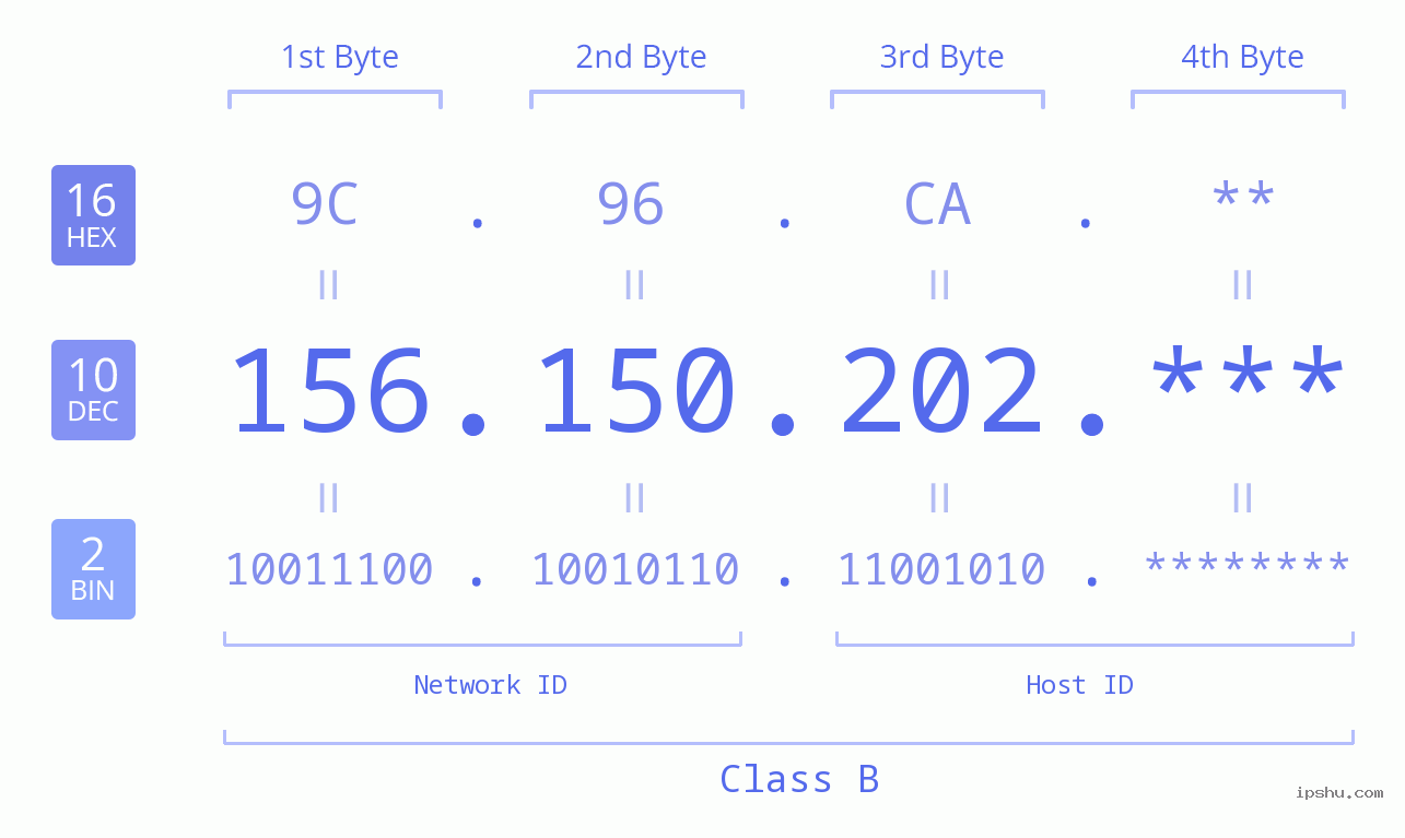 IP Address: 156.150.202 Data Structure Chart BIN DEC HEX IPv4: 156.150.202 Network Class, Net ID, Host ID