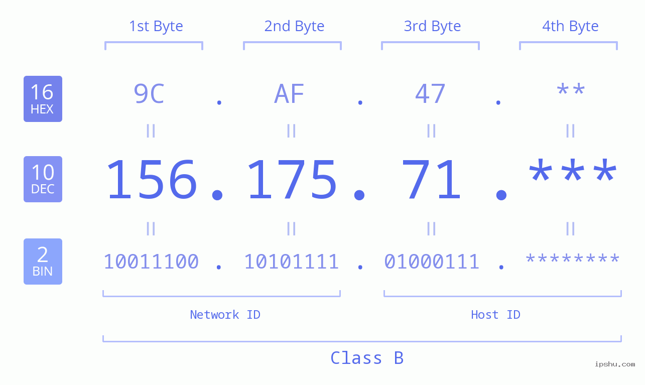 IP Address: 156.175.71 Data Structure Chart BIN DEC HEX IPv4: 156.175.71 Network Class, Net ID, Host ID
