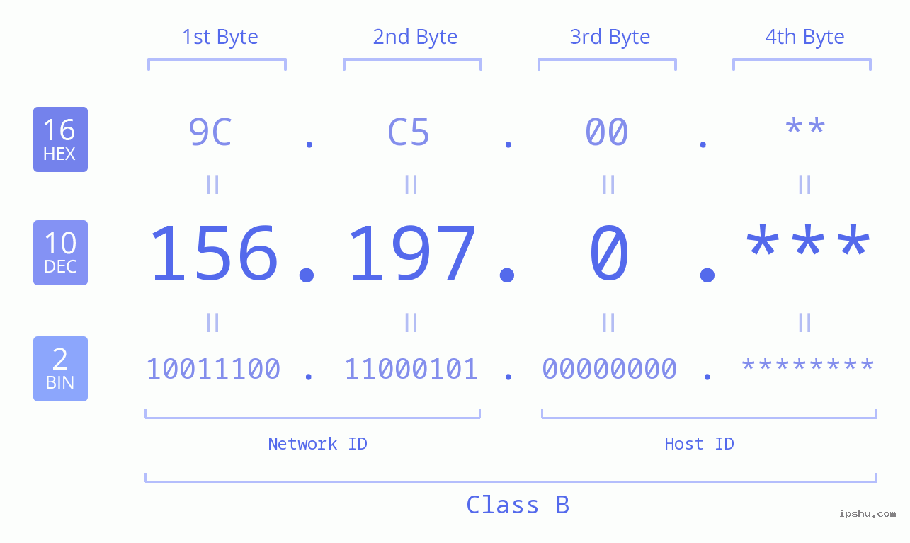 IP Address: 156.197.0 Data Structure Chart BIN DEC HEX IPv4: 156.197.0 Network Class, Net ID, Host ID