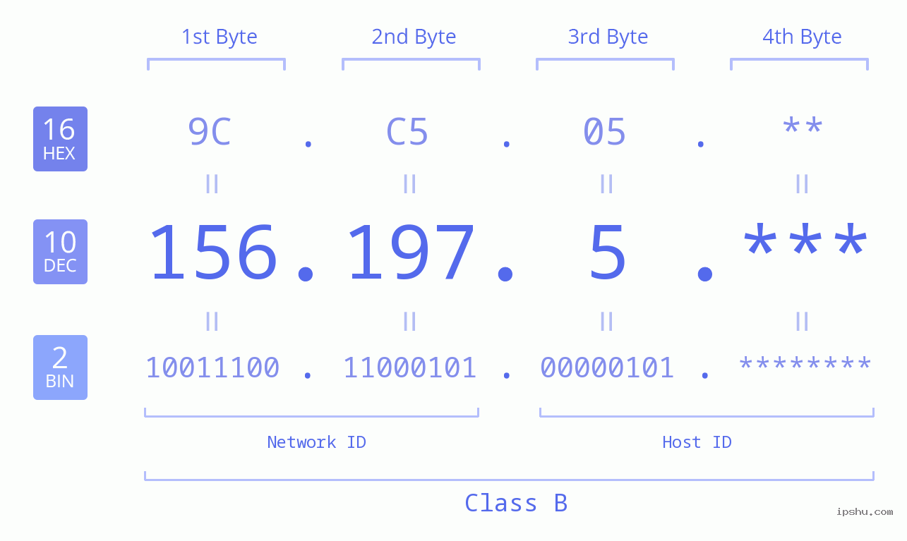 IP Address: 156.197.5 Data Structure Chart BIN DEC HEX IPv4: 156.197.5 Network Class, Net ID, Host ID