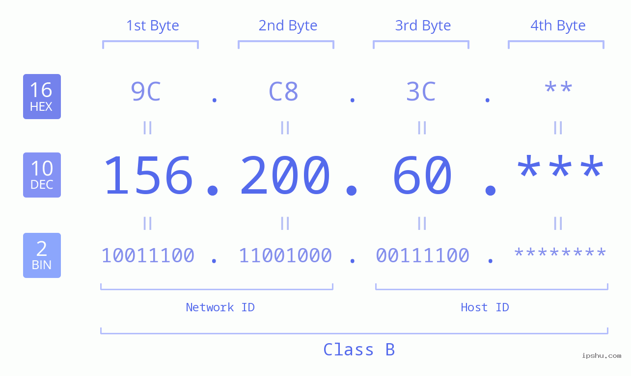 IP Address: 156.200.60 Data Structure Chart BIN DEC HEX IPv4: 156.200.60 Network Class, Net ID, Host ID