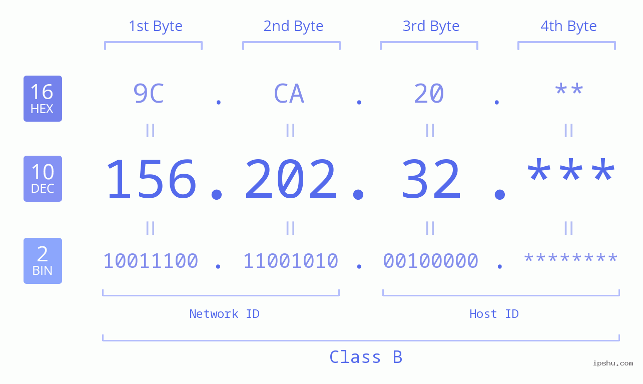 IP Address: 156.202.32 Data Structure Chart BIN DEC HEX IPv4: 156.202.32 Network Class, Net ID, Host ID