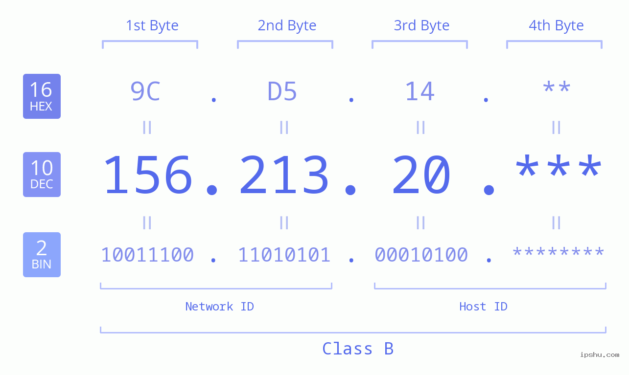 IP Address: 156.213.20 Data Structure Chart BIN DEC HEX IPv4: 156.213.20 Network Class, Net ID, Host ID