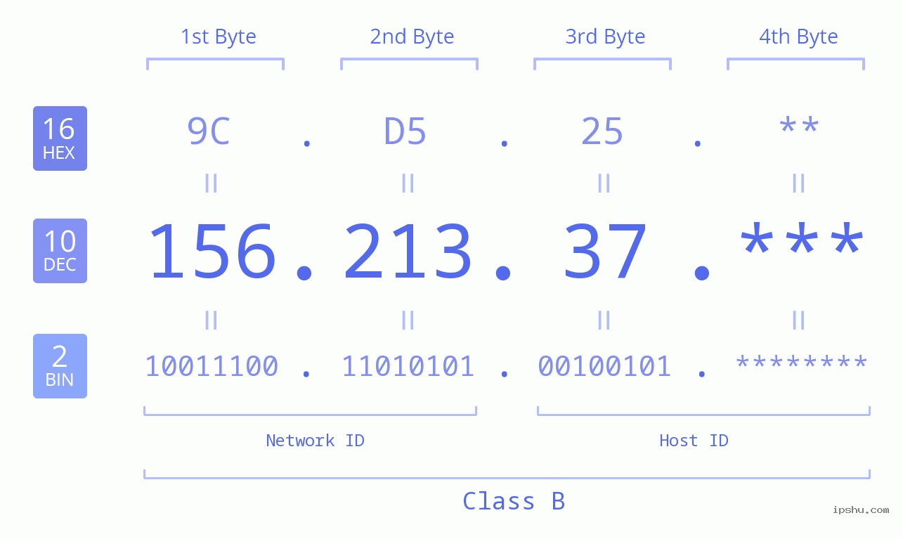 IP Address: 156.213.37 Data Structure Chart BIN DEC HEX IPv4: 156.213.37 Network Class, Net ID, Host ID