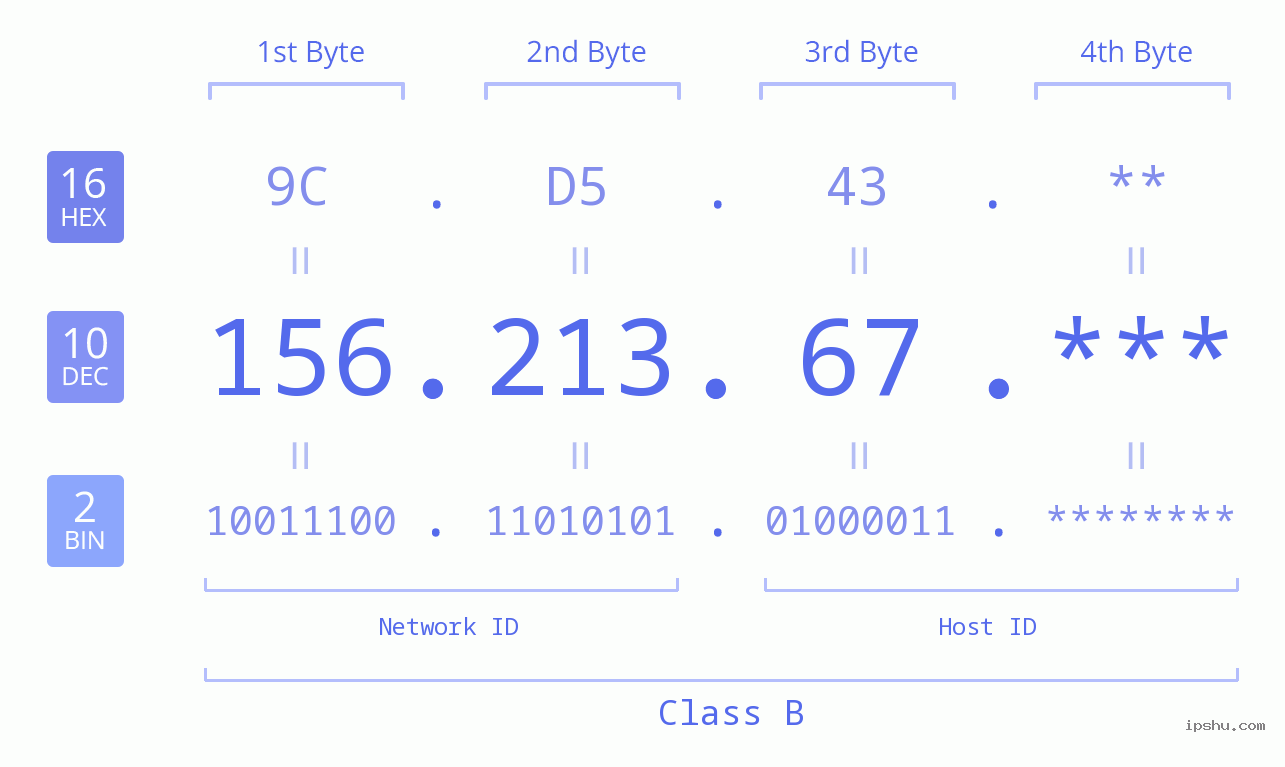 IP Address: 156.213.67 Data Structure Chart BIN DEC HEX IPv4: 156.213.67 Network Class, Net ID, Host ID