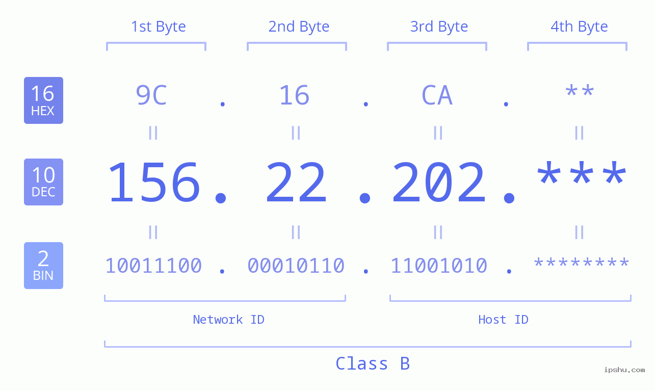IP Address: 156.22.202 Data Structure Chart BIN DEC HEX IPv4: 156.22.202 Network Class, Net ID, Host ID