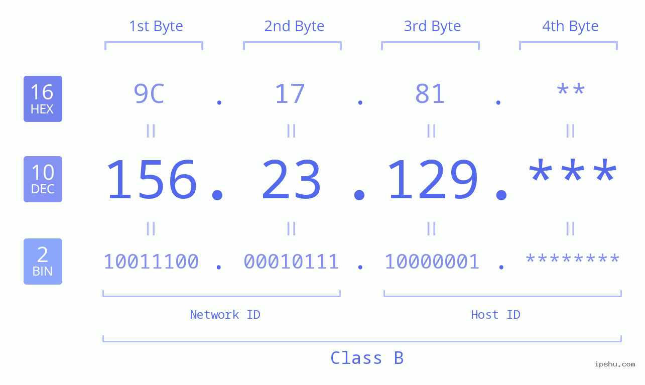 IP Address: 156.23.129 Data Structure Chart BIN DEC HEX IPv4: 156.23.129 Network Class, Net ID, Host ID