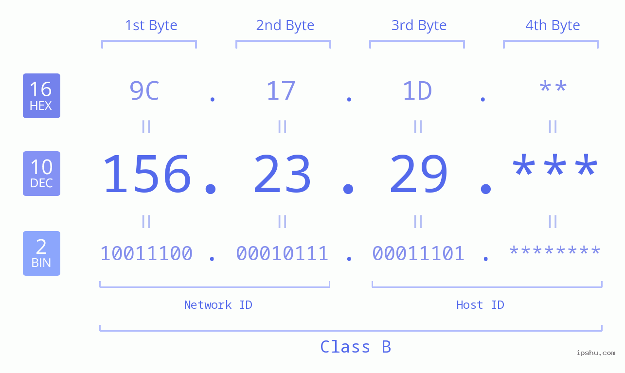IP Address: 156.23.29 Data Structure Chart BIN DEC HEX IPv4: 156.23.29 Network Class, Net ID, Host ID