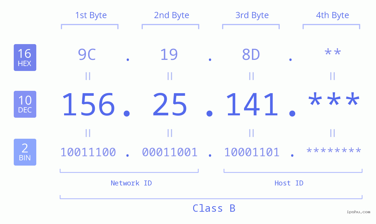 IP Address: 156.25.141 Data Structure Chart BIN DEC HEX IPv4: 156.25.141 Network Class, Net ID, Host ID