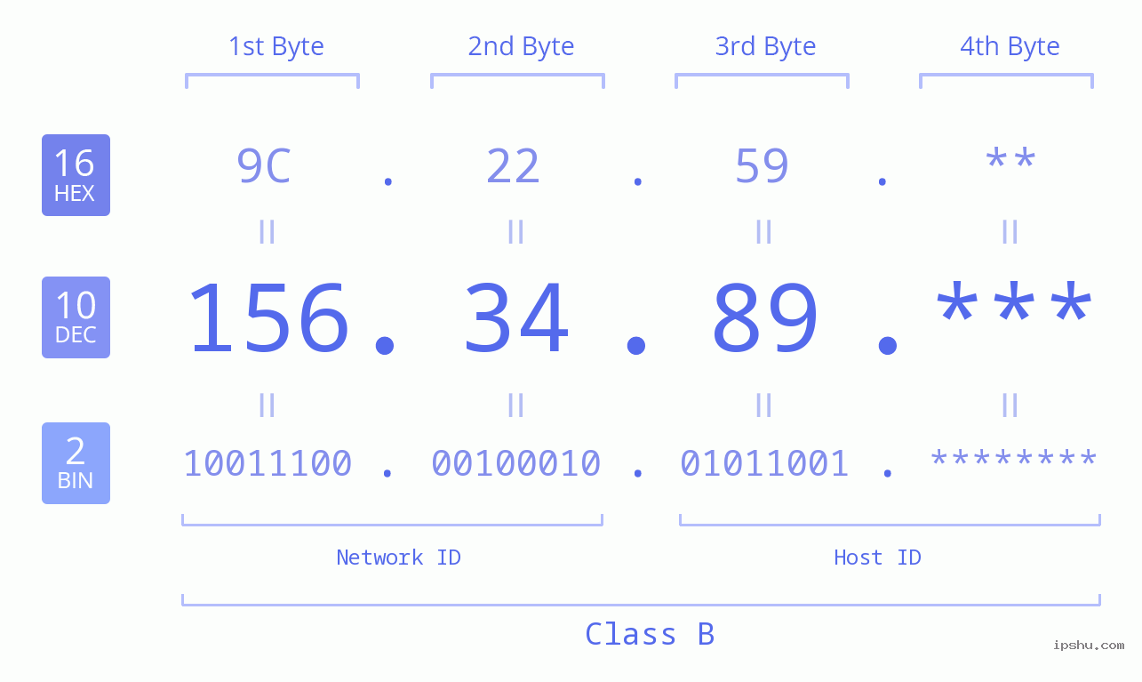 IP Address: 156.34.89 Data Structure Chart BIN DEC HEX IPv4: 156.34.89 Network Class, Net ID, Host ID