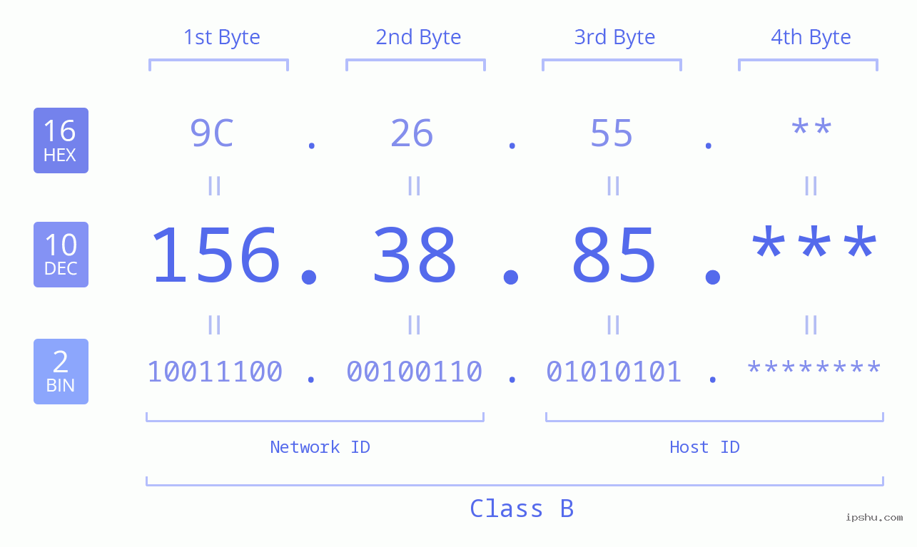IP Address: 156.38.85 Data Structure Chart BIN DEC HEX IPv4: 156.38.85 Network Class, Net ID, Host ID