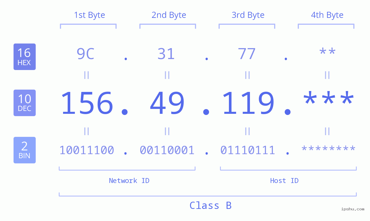IP Address: 156.49.119 Data Structure Chart BIN DEC HEX IPv4: 156.49.119 Network Class, Net ID, Host ID