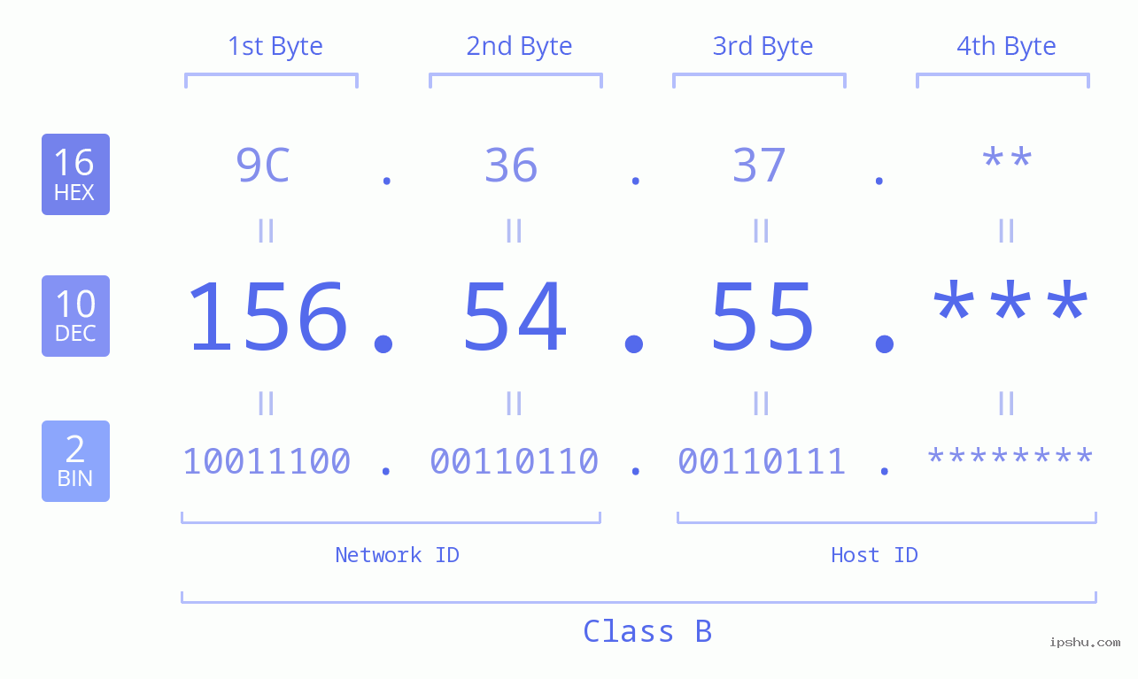 IP Address: 156.54.55 Data Structure Chart BIN DEC HEX IPv4: 156.54.55 Network Class, Net ID, Host ID