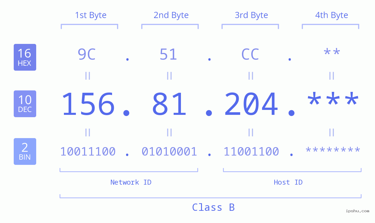 IP Address: 156.81.204 Data Structure Chart BIN DEC HEX IPv4: 156.81.204 Network Class, Net ID, Host ID