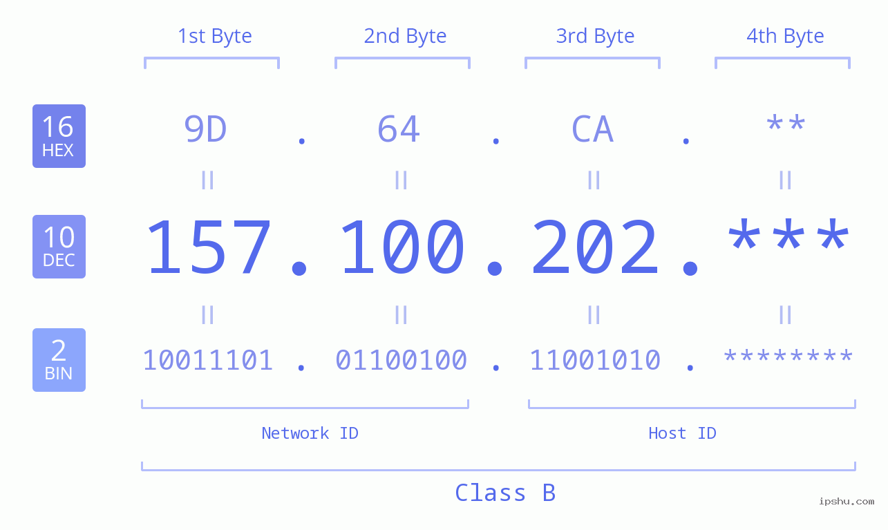 IP Address: 157.100.202 Data Structure Chart BIN DEC HEX IPv4: 157.100.202 Network Class, Net ID, Host ID