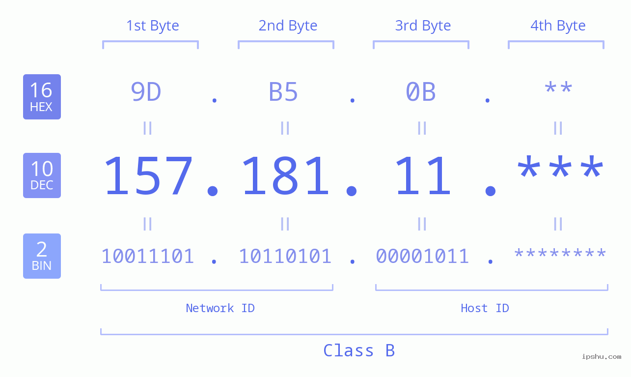 IP Address: 157.181.11 Data Structure Chart BIN DEC HEX IPv4: 157.181.11 Network Class, Net ID, Host ID