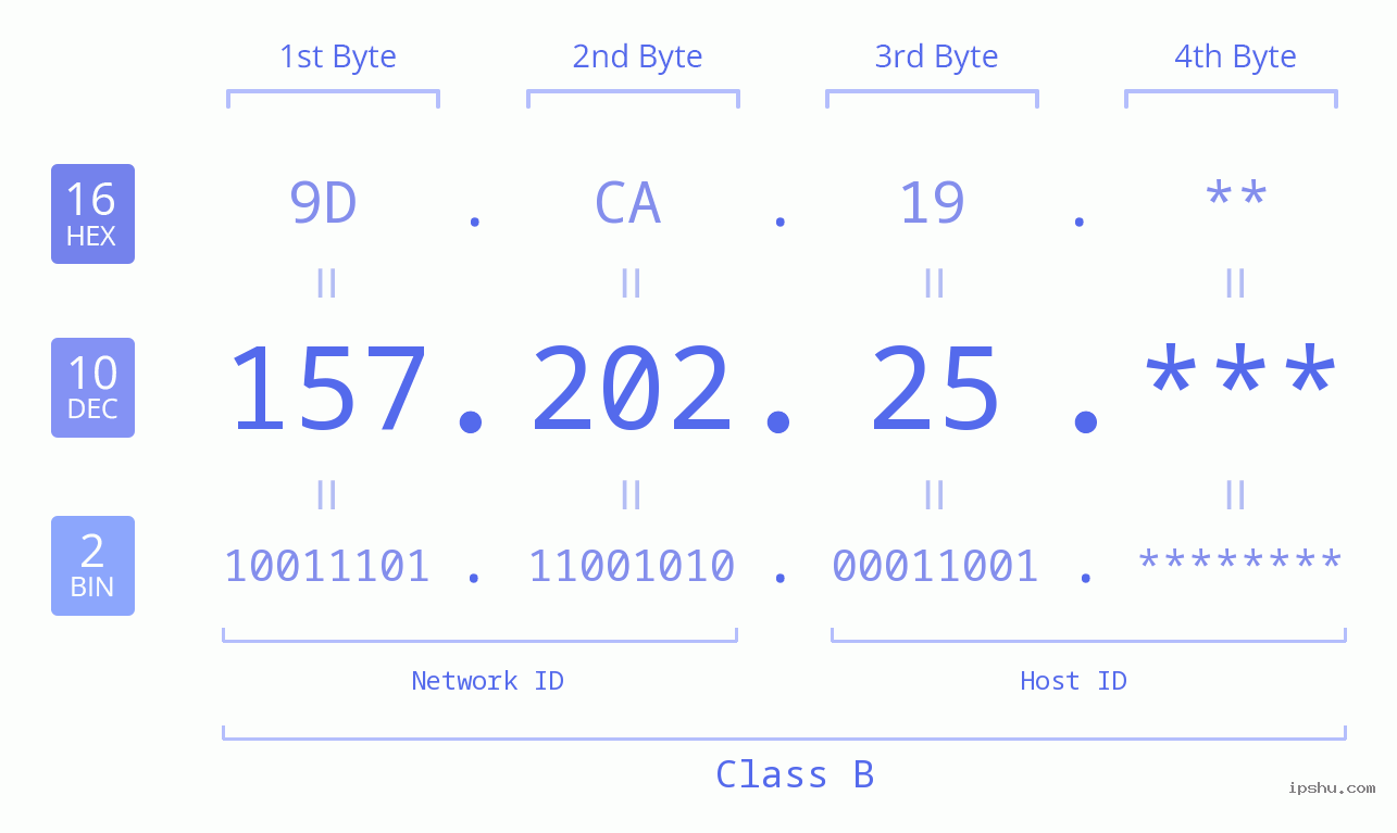 IP Address: 157.202.25 Data Structure Chart BIN DEC HEX IPv4: 157.202.25 Network Class, Net ID, Host ID