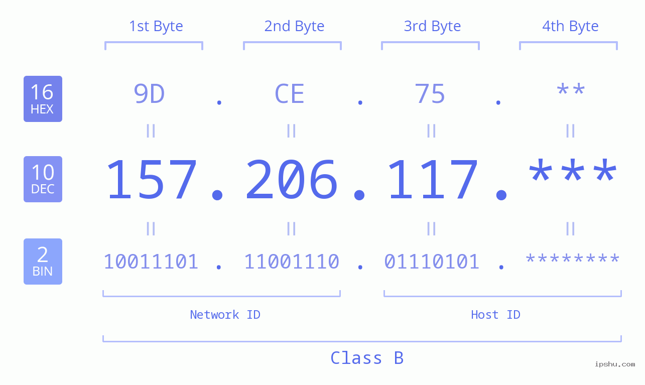 IP Address: 157.206.117 Data Structure Chart BIN DEC HEX IPv4: 157.206.117 Network Class, Net ID, Host ID