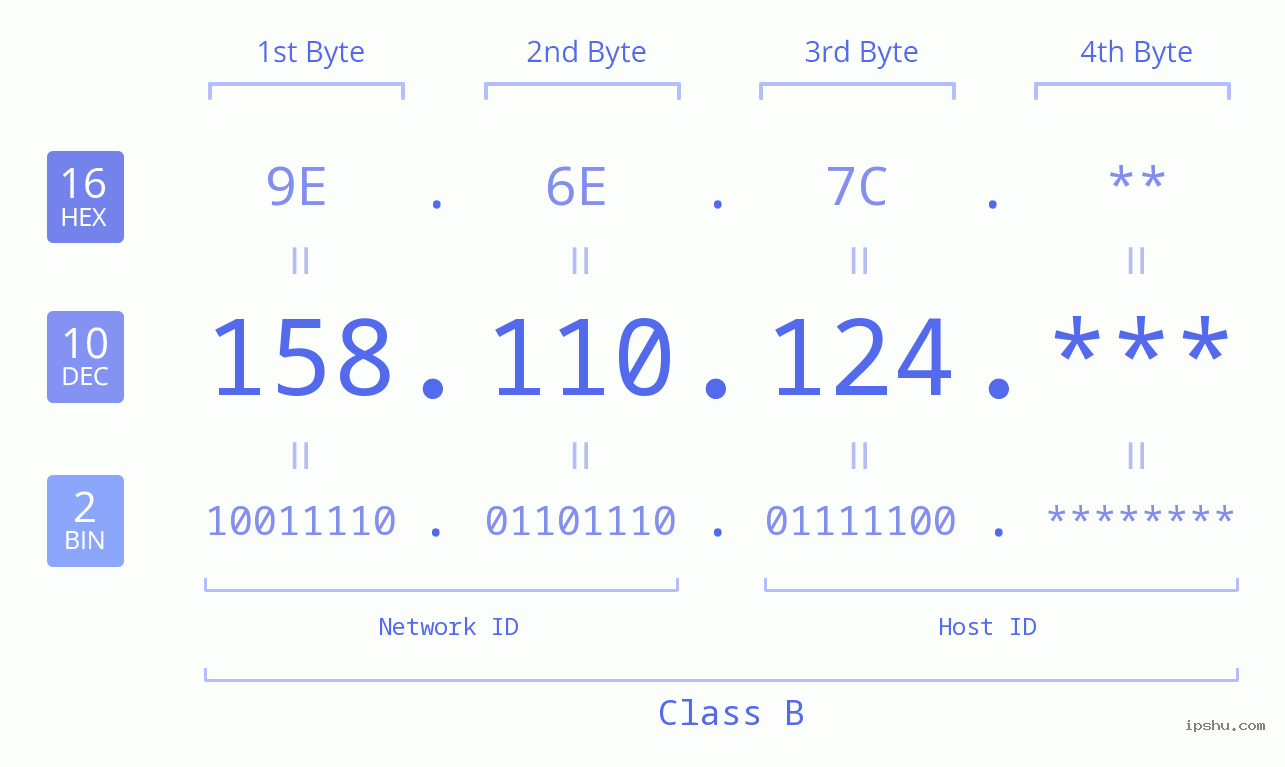 IP Address: 158.110.124 Data Structure Chart BIN DEC HEX IPv4: 158.110.124 Network Class, Net ID, Host ID