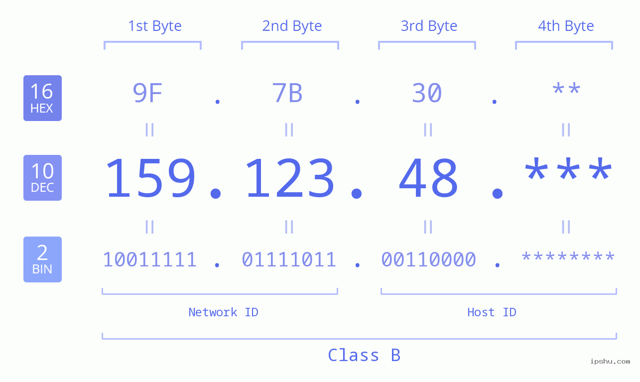 IP Address: 159.123.48 Data Structure Chart BIN DEC HEX IPv4: 159.123.48 Network Class, Net ID, Host ID