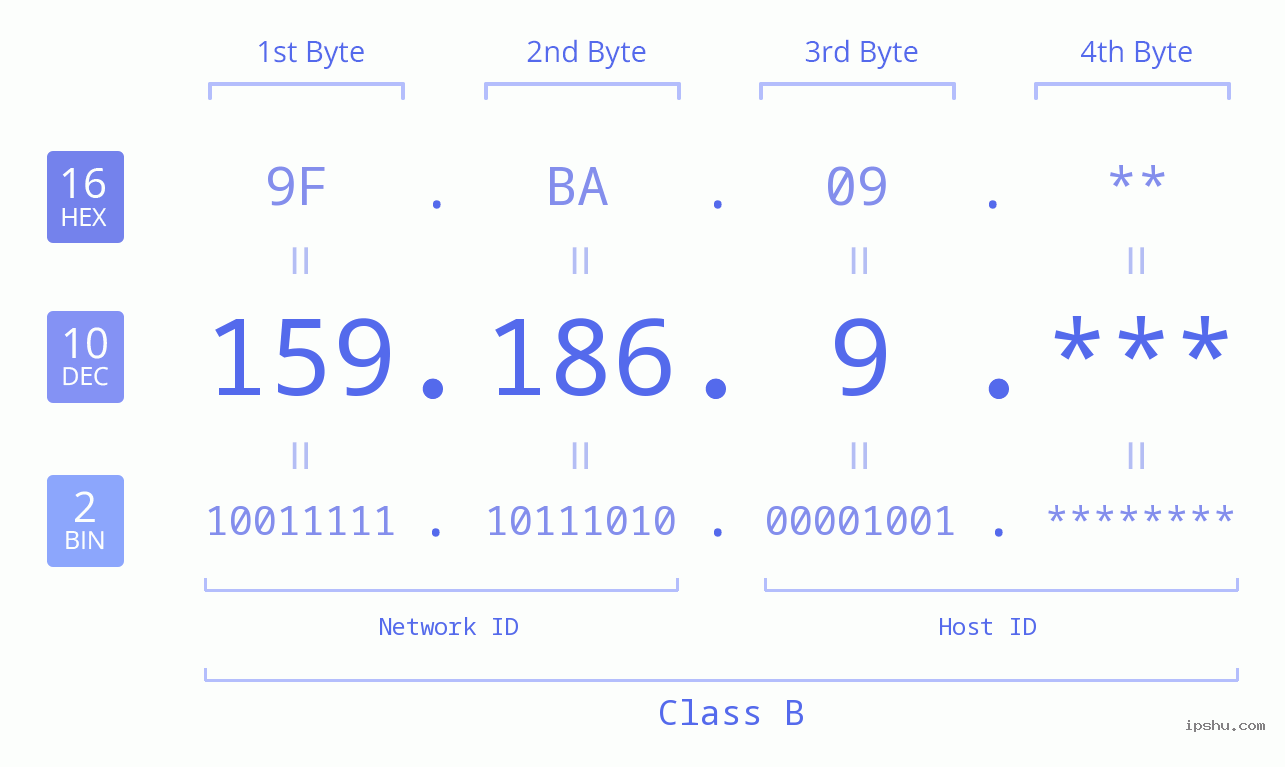 IP Address: 159.186.9 Data Structure Chart BIN DEC HEX IPv4: 159.186.9 Network Class, Net ID, Host ID