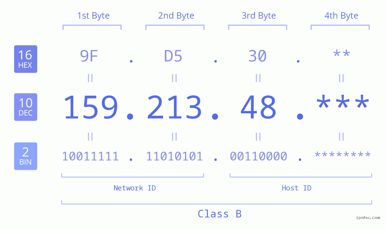 IP Address: 159.213.48 Data Structure Chart BIN DEC HEX IPv4: 159.213.48 Network Class, Net ID, Host ID