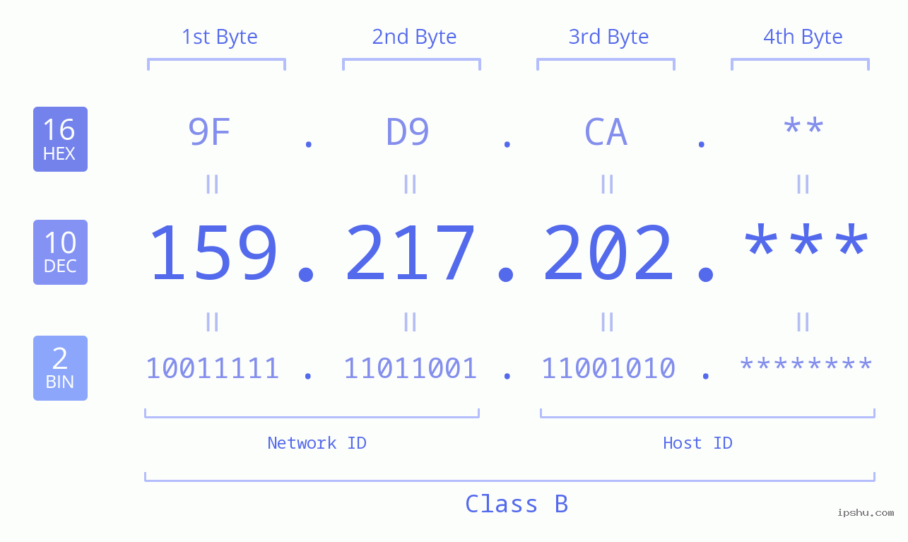 IP Address: 159.217.202 Data Structure Chart BIN DEC HEX IPv4: 159.217.202 Network Class, Net ID, Host ID