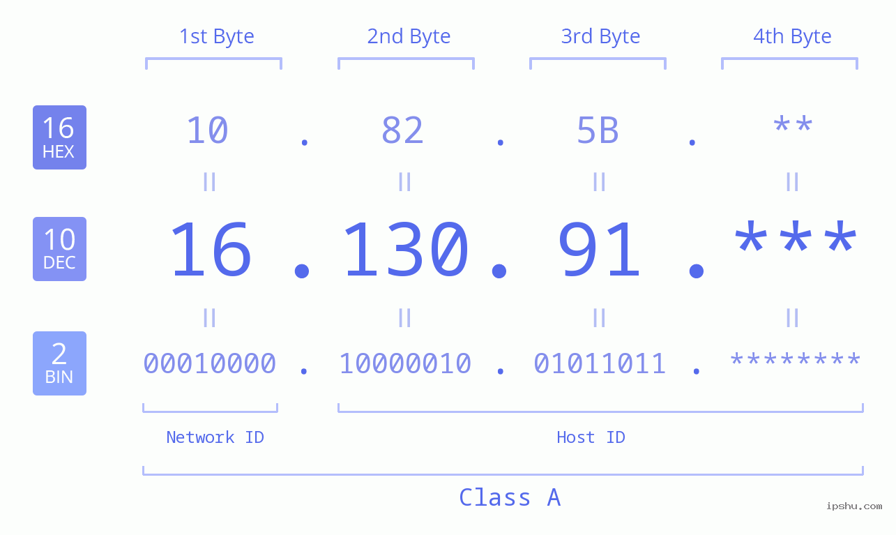 IP Address: 16.130.91 Data Structure Chart BIN DEC HEX IPv4: 16.130.91 Network Class, Net ID, Host ID
