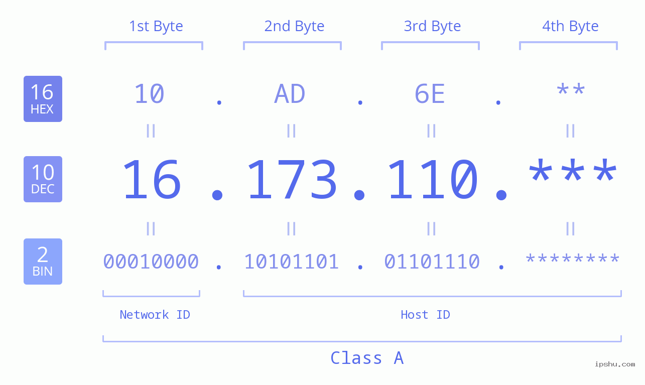 IP Address: 16.173.110 Data Structure Chart BIN DEC HEX IPv4: 16.173.110 Network Class, Net ID, Host ID