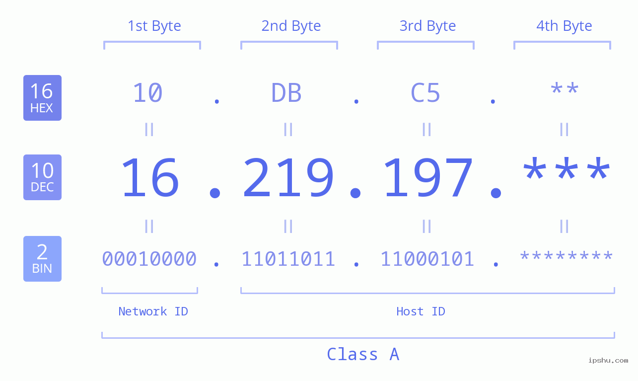 IP Address: 16.219.197 Data Structure Chart BIN DEC HEX IPv4: 16.219.197 Network Class, Net ID, Host ID