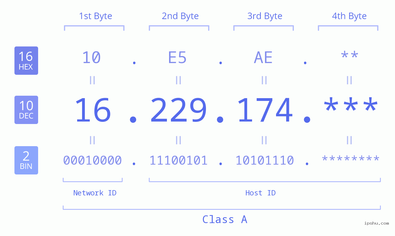 IP Address: 16.229.174 Data Structure Chart BIN DEC HEX IPv4: 16.229.174 Network Class, Net ID, Host ID