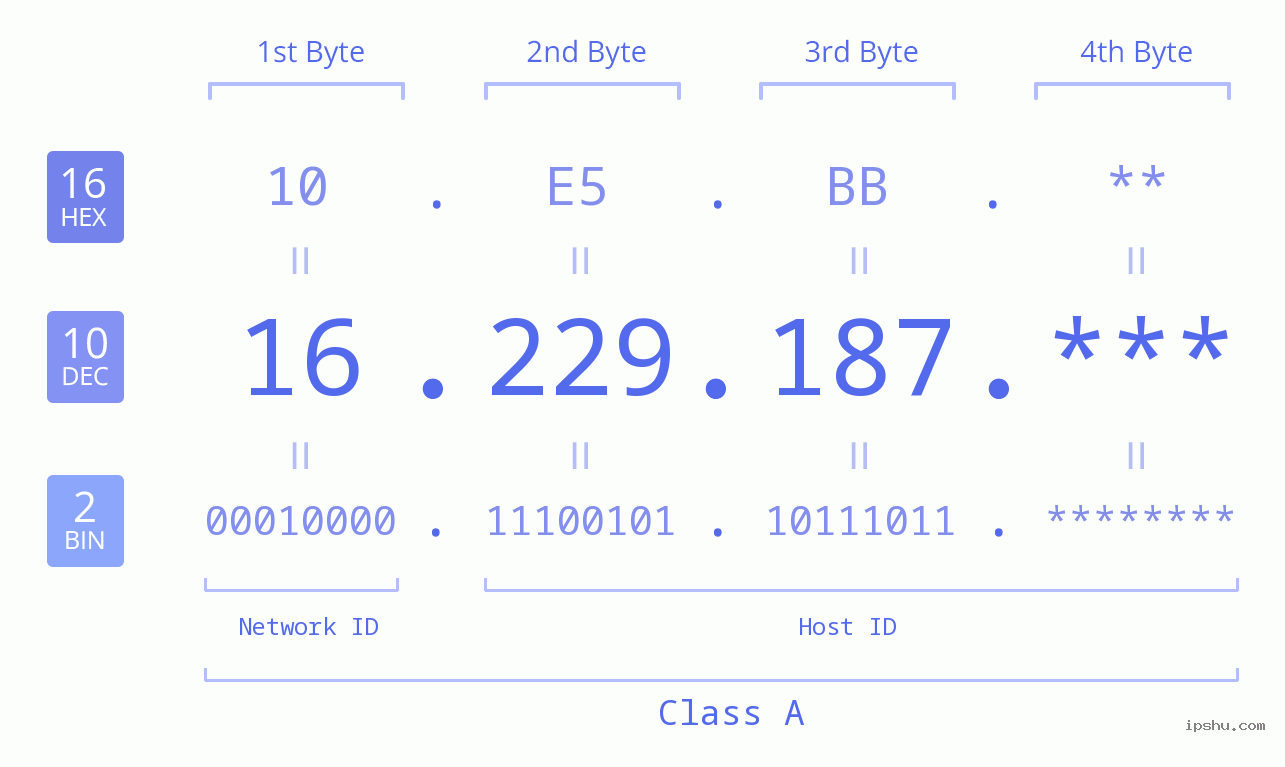 IP Address: 16.229.187 Data Structure Chart BIN DEC HEX IPv4: 16.229.187 Network Class, Net ID, Host ID