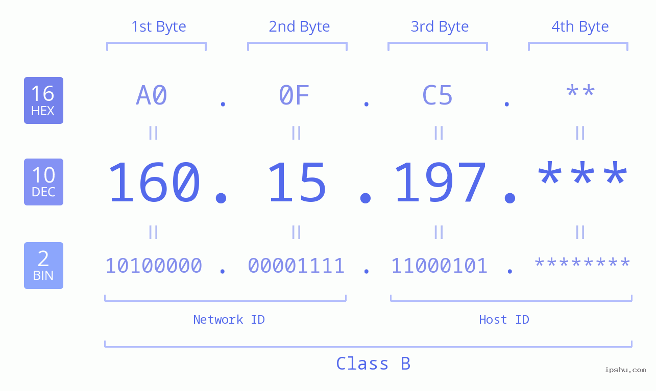 IP Address: 160.15.197 Data Structure Chart BIN DEC HEX IPv4: 160.15.197 Network Class, Net ID, Host ID