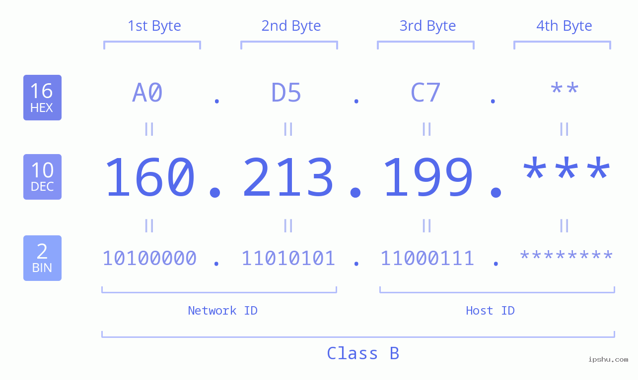 IP Address: 160.213.199 Data Structure Chart BIN DEC HEX IPv4: 160.213.199 Network Class, Net ID, Host ID