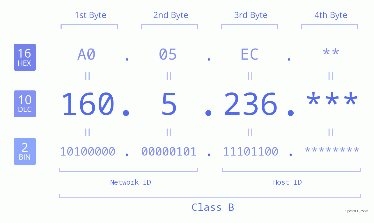 IP Address: 160.5.236 Data Structure Chart BIN DEC HEX IPv4: 160.5.236 Network Class, Net ID, Host ID