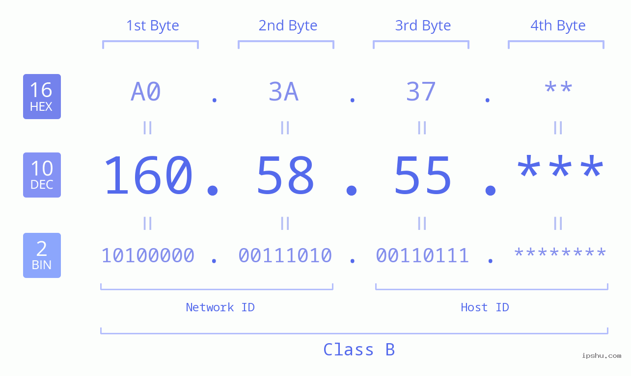 IP Address: 160.58.55 Data Structure Chart BIN DEC HEX IPv4: 160.58.55 Network Class, Net ID, Host ID