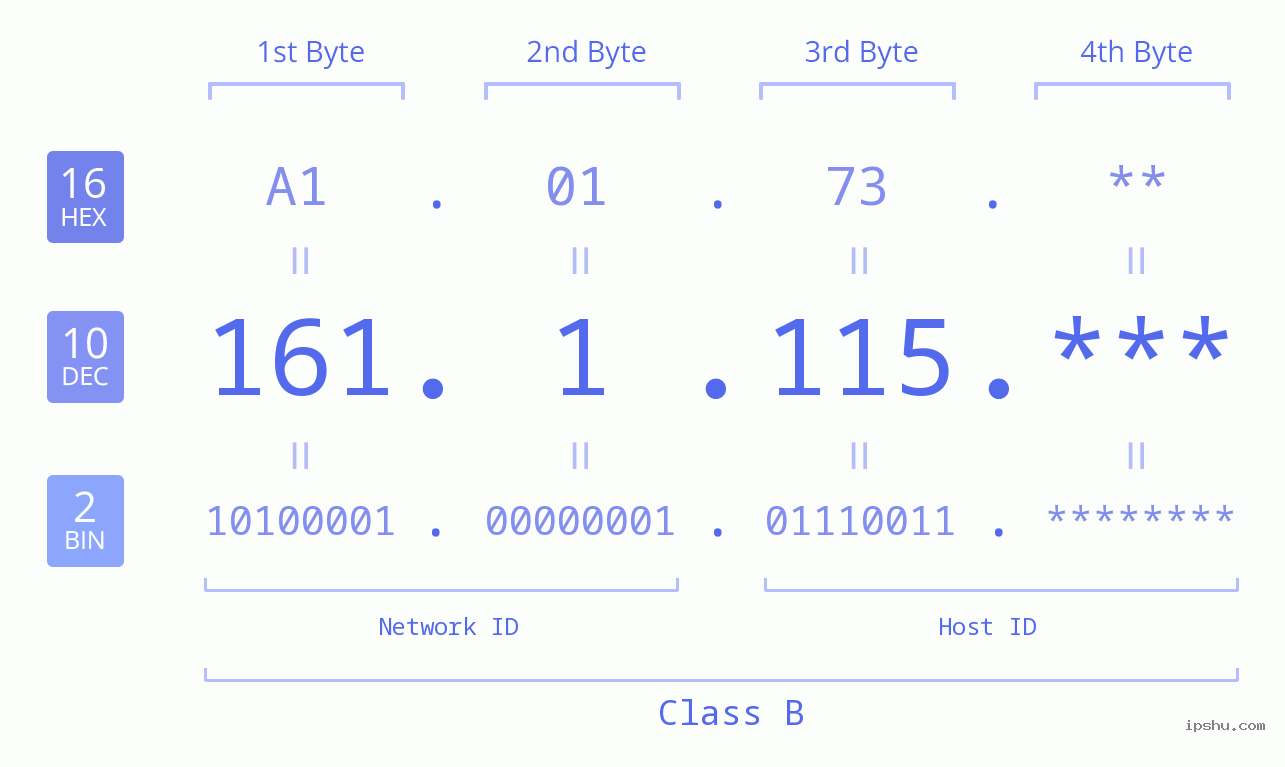 IP Address: 161.1.115 Data Structure Chart BIN DEC HEX IPv4: 161.1.115 Network Class, Net ID, Host ID