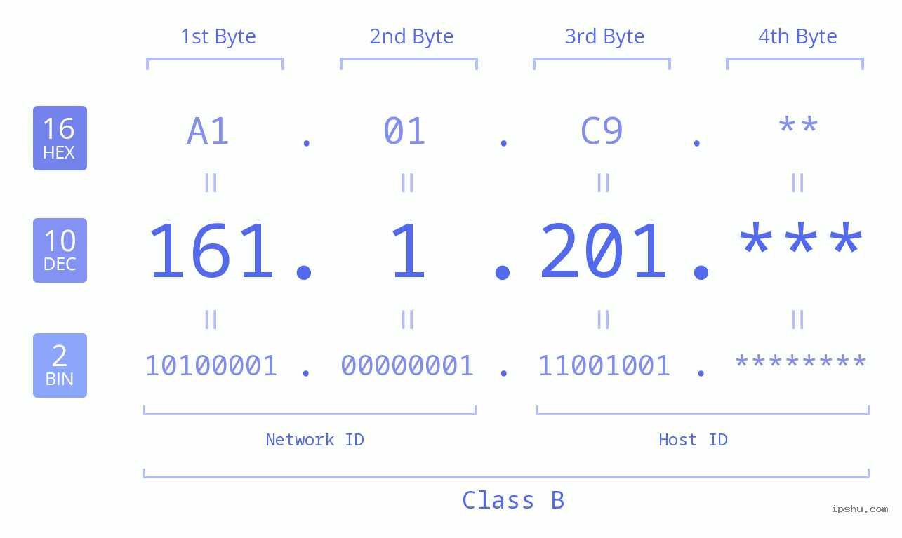 IP Address: 161.1.201 Data Structure Chart BIN DEC HEX IPv4: 161.1.201 Network Class, Net ID, Host ID