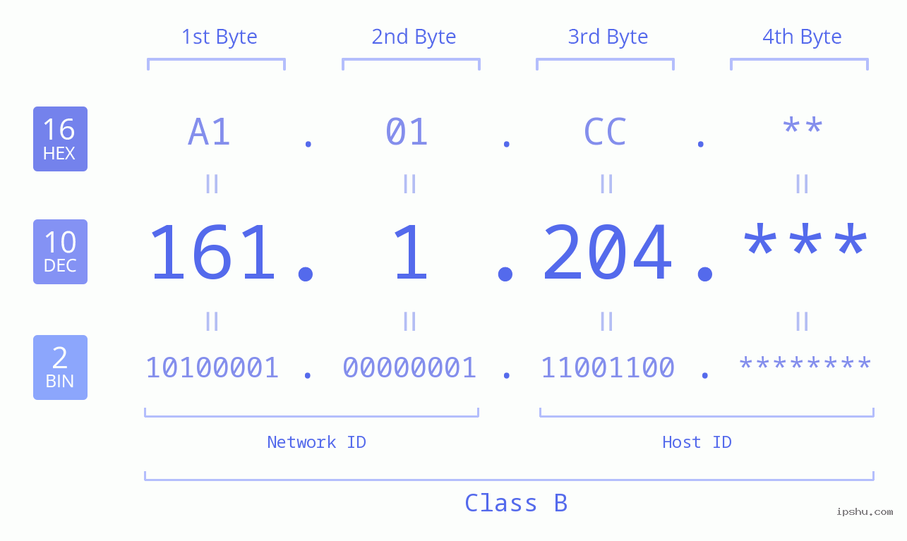 IP Address: 161.1.204 Data Structure Chart BIN DEC HEX IPv4: 161.1.204 Network Class, Net ID, Host ID