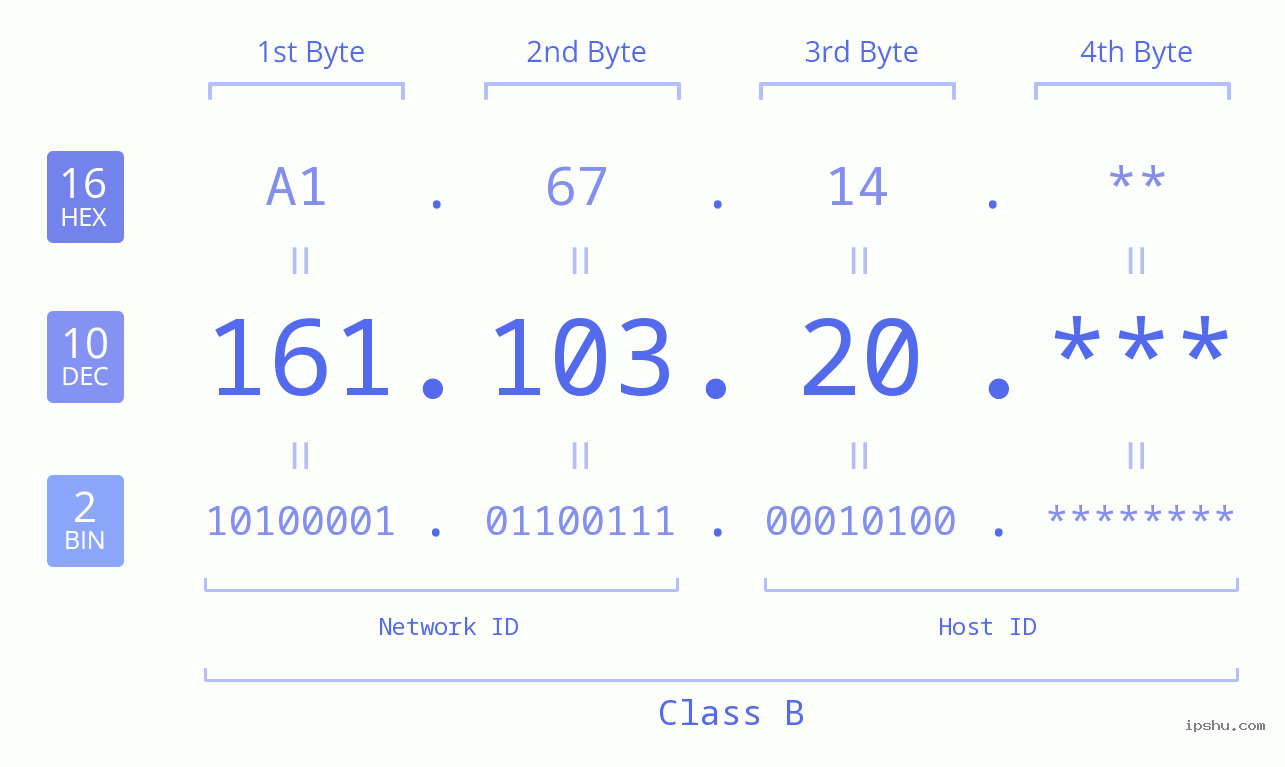 IP Address: 161.103.20 Data Structure Chart BIN DEC HEX IPv4: 161.103.20 Network Class, Net ID, Host ID