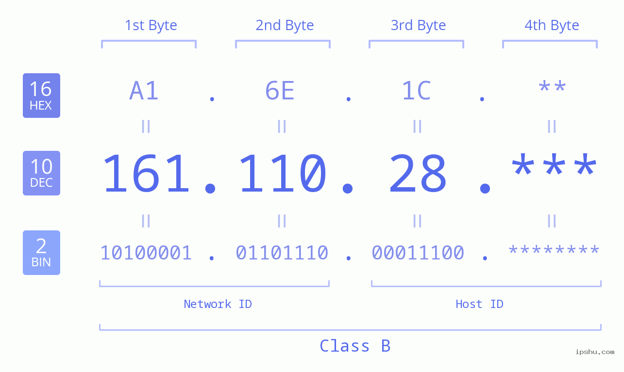 IP Address: 161.110.28 Data Structure Chart BIN DEC HEX IPv4: 161.110.28 Network Class, Net ID, Host ID