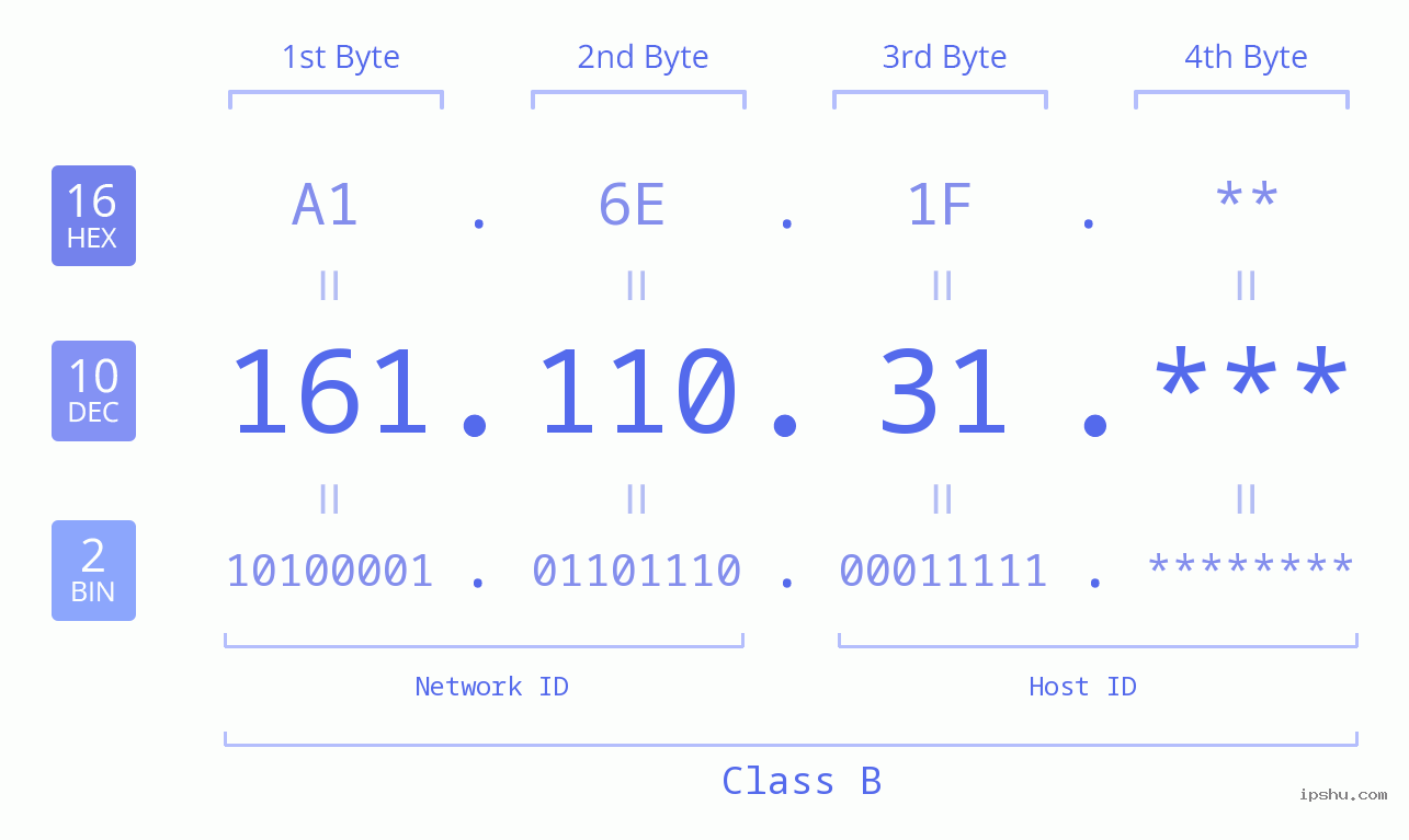 IP Address: 161.110.31 Data Structure Chart BIN DEC HEX IPv4: 161.110.31 Network Class, Net ID, Host ID